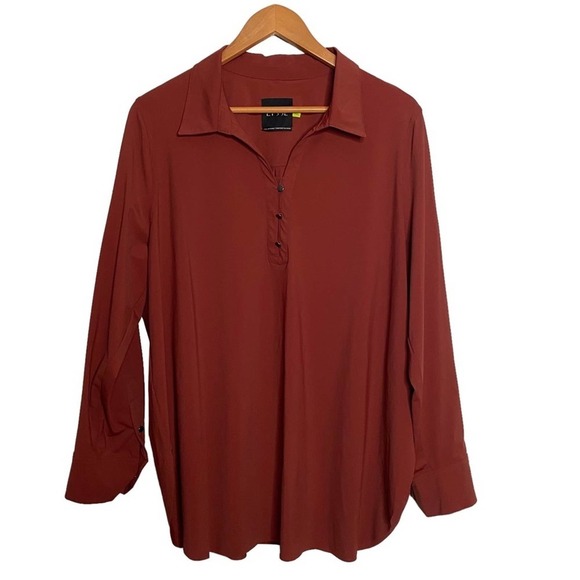 Lysse Tops - Lysse Nylon Popover Shirt Blouse Size XL Brown Stretch Cut Out Long Sleeve Tunic